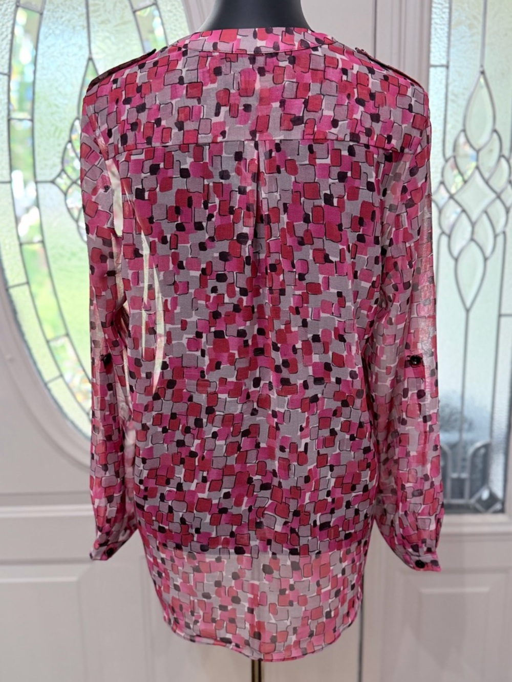 Jade Melody Tam Pink Abstract Print Blouse Sheer Top Size Medium - Picture 5 of 10